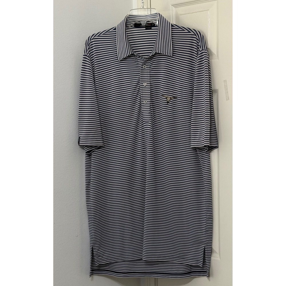 RLX Ralph Lauren Mens sz L Golf Polo Shirt Blue White Striped Longhorn Skull